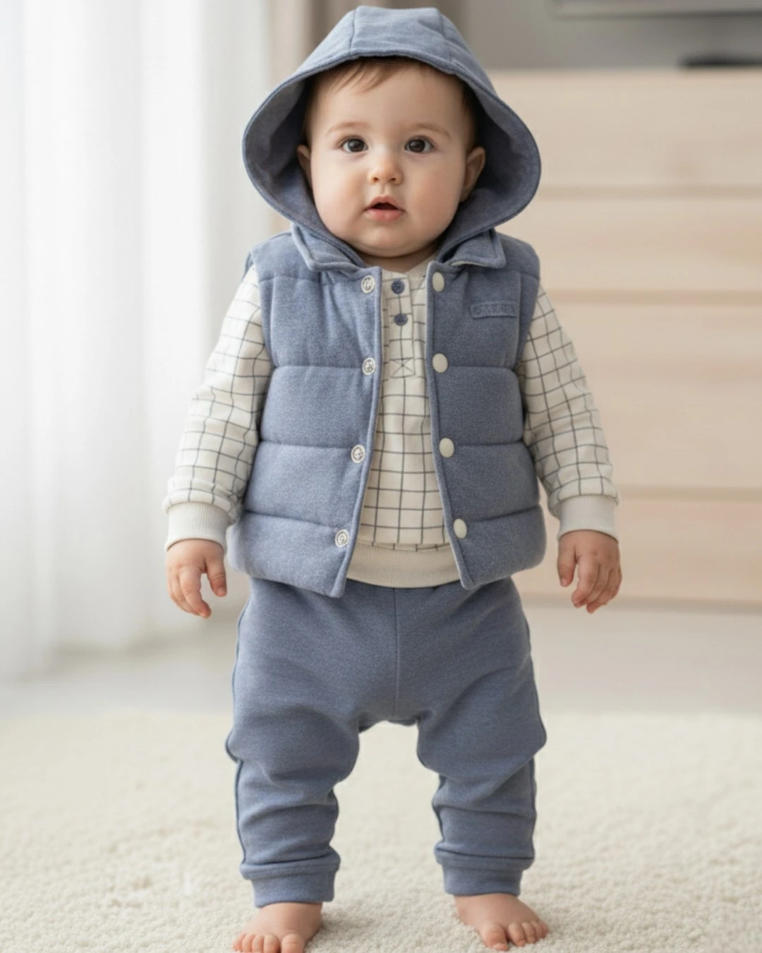 Erkek Bebek 3'lü Kapüşonlu Yelekli Şık Bebek Kombini, 1-2-3-4 Yaş 3'lü Bebek Alt Üst Takımı R2351