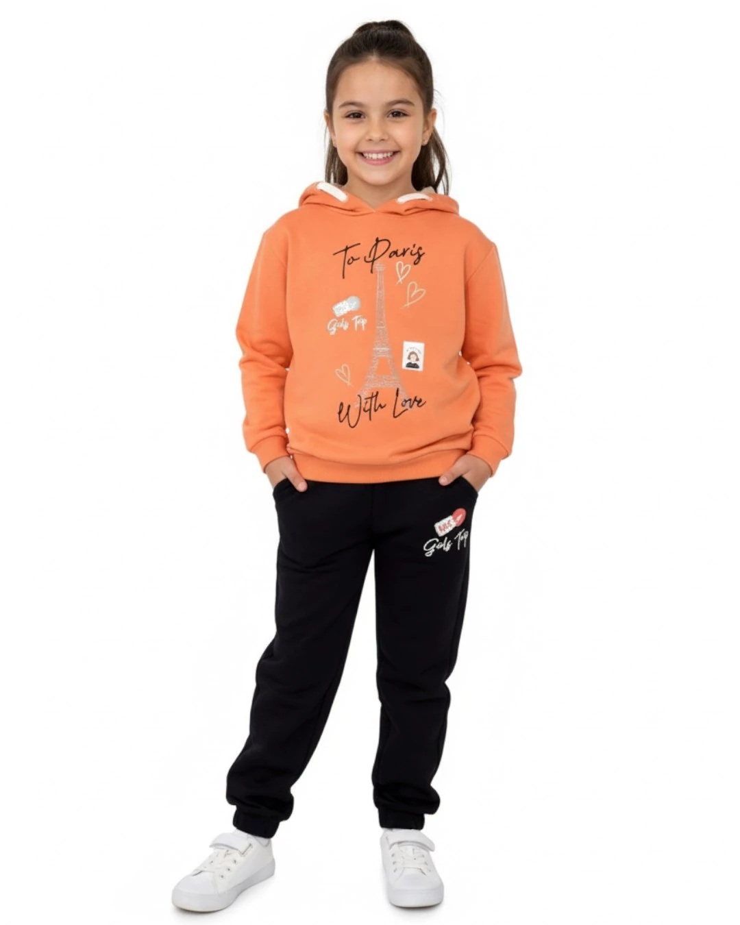 Kız Çocuk 6-7-8-9-10 Yaş Mevsimlik Kapüşonlu Paris Baskılı Alt Üst Eşofan Takım R2328 - TURUNCU