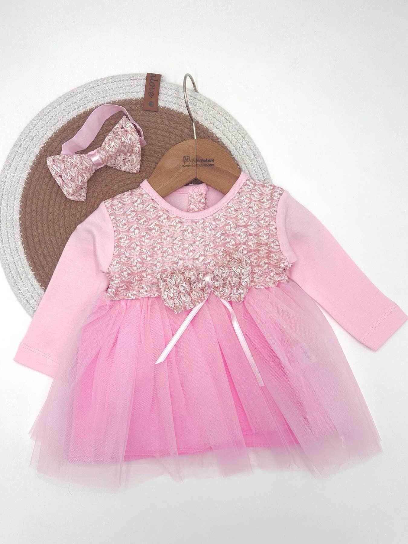 KIZ BEBEK TÜLLÜ BANDANALI ELBİSE , TÜTÜ ELBİSE YENİ DOĞAN 3-6-9-12 AY ELBİSE R1557 - PEMBE