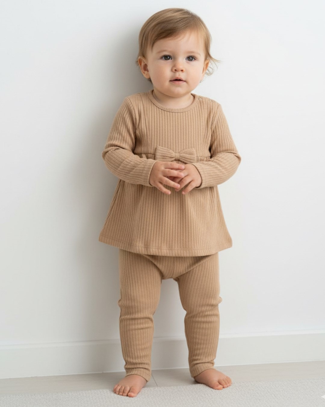 Kız Bebek Gövdesi Fiyonk Detaylı, Fitilli Kumaş, Mevsimlik 6-9-12-18-24 Ay Günlük 2'li Alt Üst Takım R2133 - AÇIK KAHVERENGİ