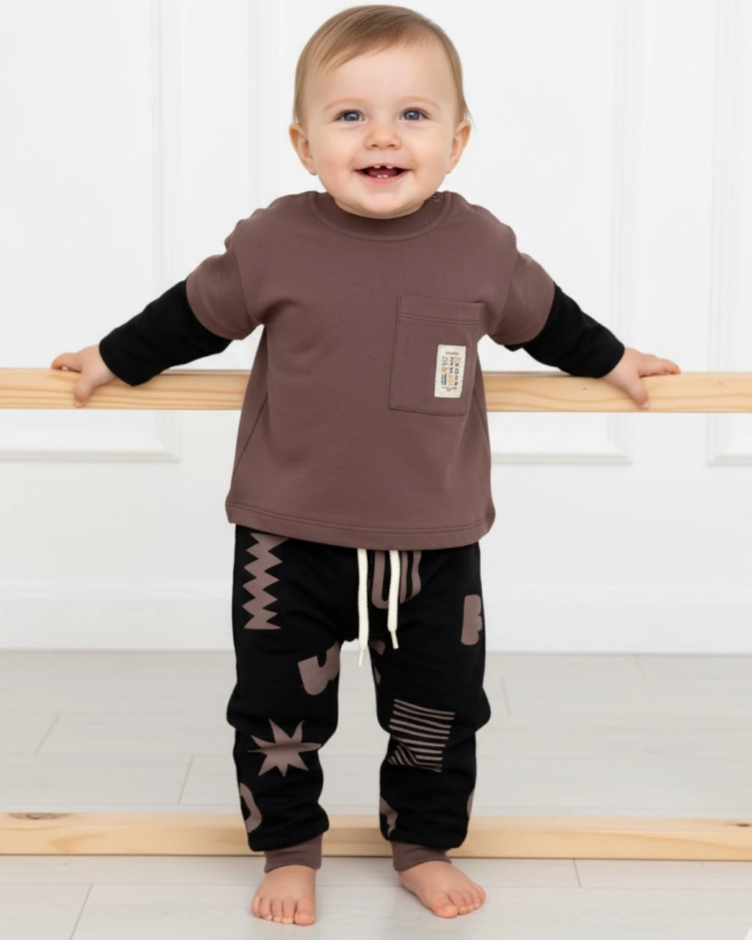 Erkek Bebek Mevimlik %100 Pamuklu, Cep Detaylı, 2 İplik 6-9-12-18-24 Ay Alt Üst Takım R2070 - FÜME