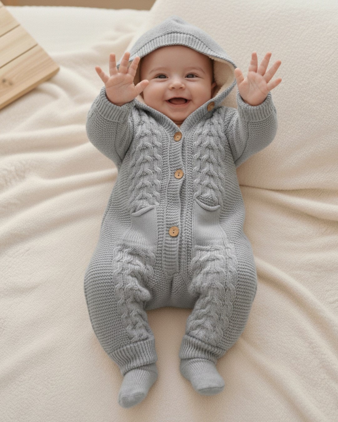 Kışlık Triko Bebek Tulumu, İçi Welsoftlu Düğmeli, Kapüşonlu 3-6-9-12 Aylık Kalın Peluş Tulum R2200 - GRİ