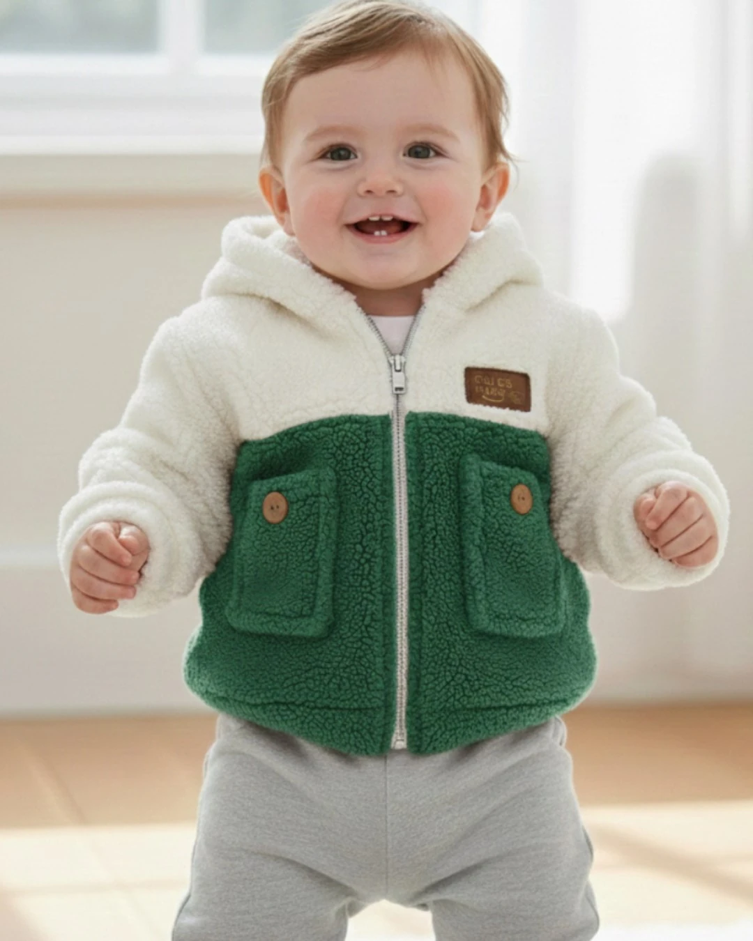 Erkek Bebek Kışlık Welsoft Kapüşonlu Hırka, 6-9-12-18 Ay Peluş Bebek Ceket, Bebek Kaban R2401 - YEŞİL