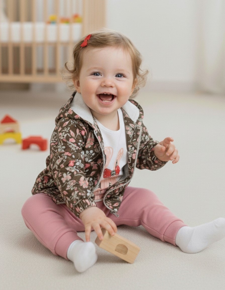 Kız Bebek Yağmurluklu Kapüşonlu, 3 Parça Mevsimlik Alt Üst Takım l 3-6-9-12-18 Ay R2233 - YAĞ YEŞİLİ