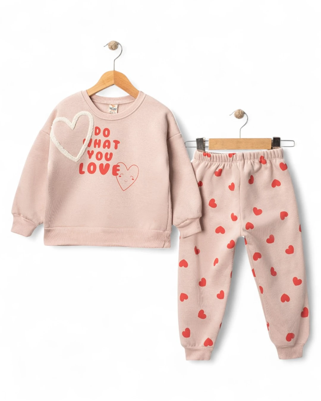 Kız Çocuk Kışlık 3 İp Şardonlu, 1-2-3-4 Yaş, Kalp Nakışlı Kalın Alt Üst Eşofman Bebek Takımı R2343