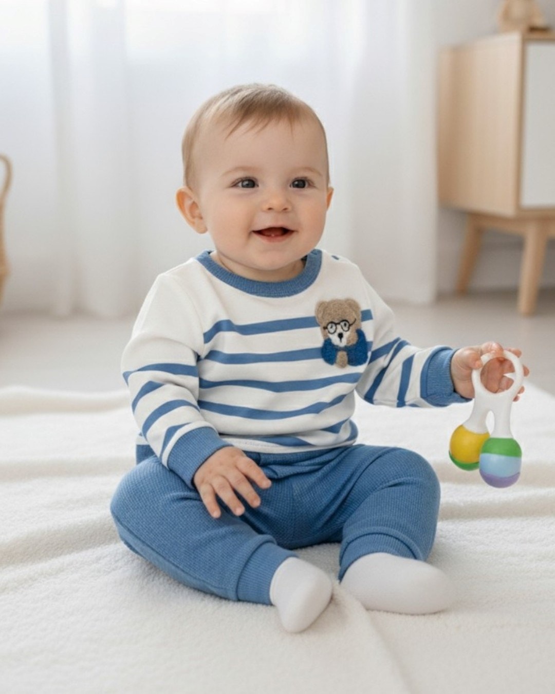 Erkek Bebek Takımı Ayıcık Nakışlı Mevsimlik Uzun Kollu Bisiklet Yaka Çizgili Sahte Gömlekli Takım R632 - MAVİ