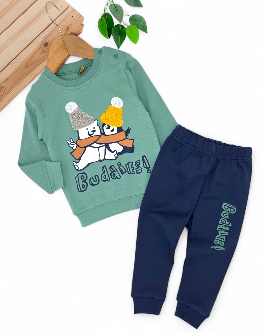 Erkek Bebek Mevsimlik Penguen Baskılı %100 Pamuk 2'li Alt Üst Erkek Bebek Takımı R962 - YEŞİL