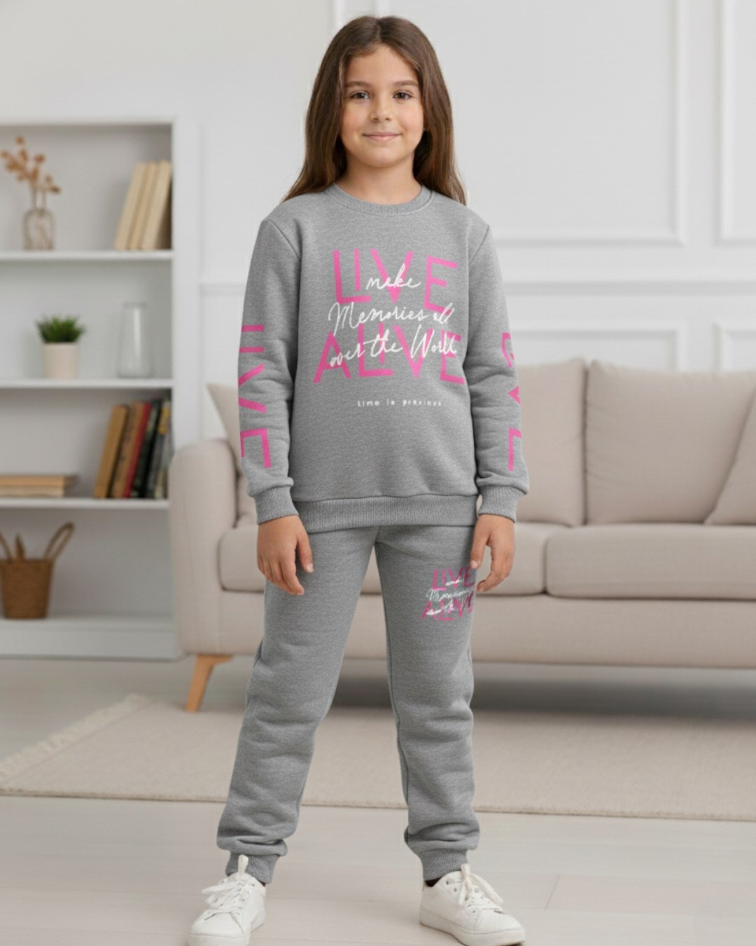 Erkek Çocuk 10-11-12-13-14 Yaş Kışlık 3 İp Şardonlu Baskılı Eşofman Takımı / Sweatshirt ve Alt R2280 - GRİ