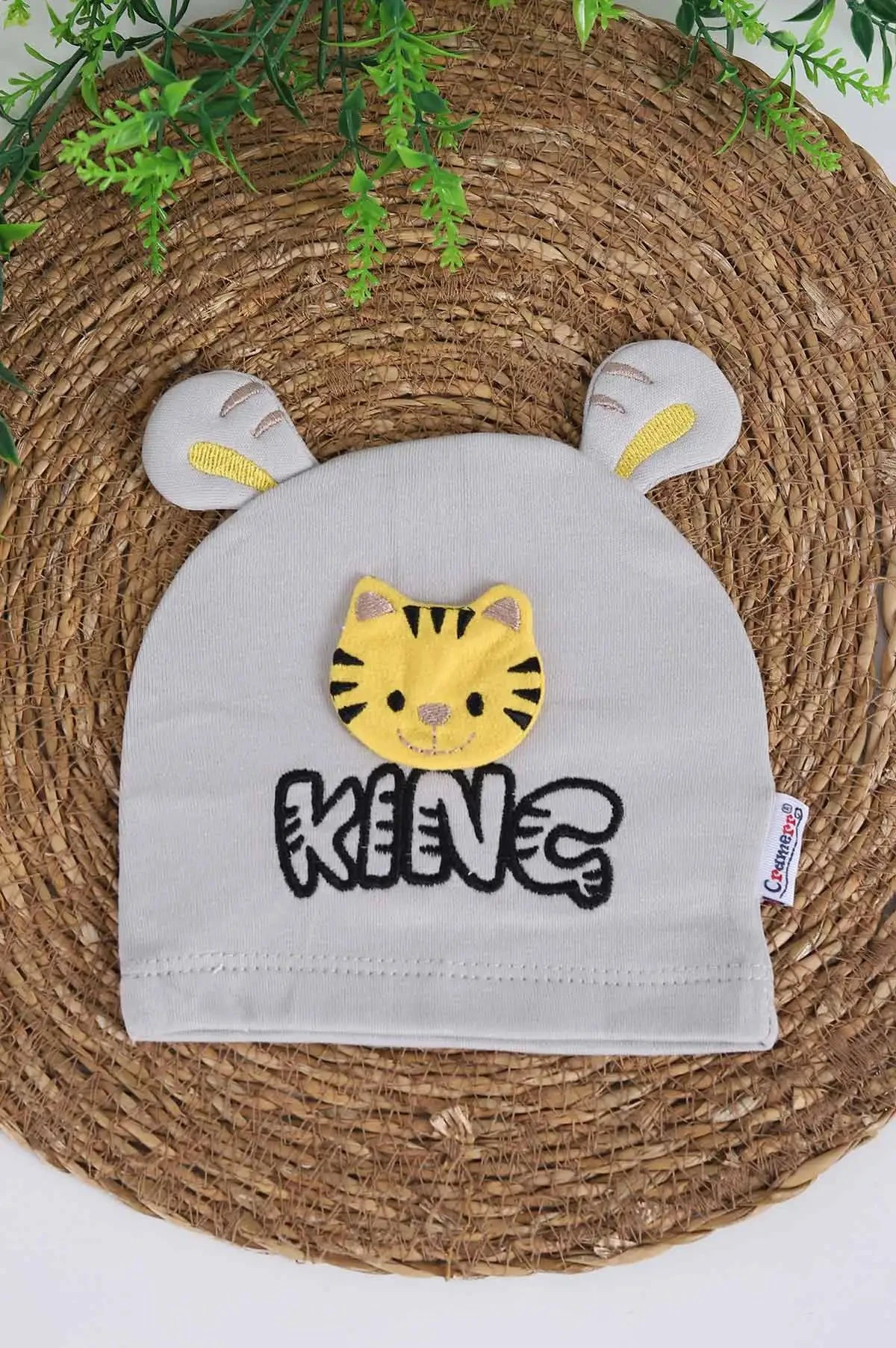 Erkek Bebek KING Nakışlı Aslan Motifli Bebek Beresi 0-12 Ay BR38 - GRİ
