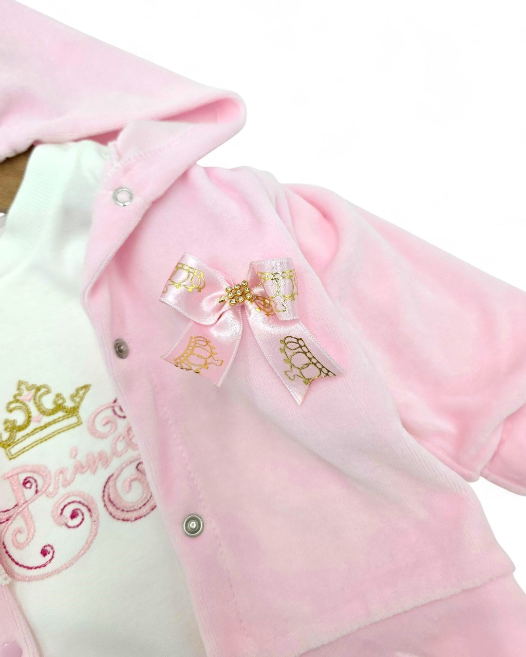 3-12 Ay Kız  Bebek Kışlık Kadife 3'lü Takım - Kapüşonlu Hırka, Çıtçıtlı Body ve Pantolonlu  R2212