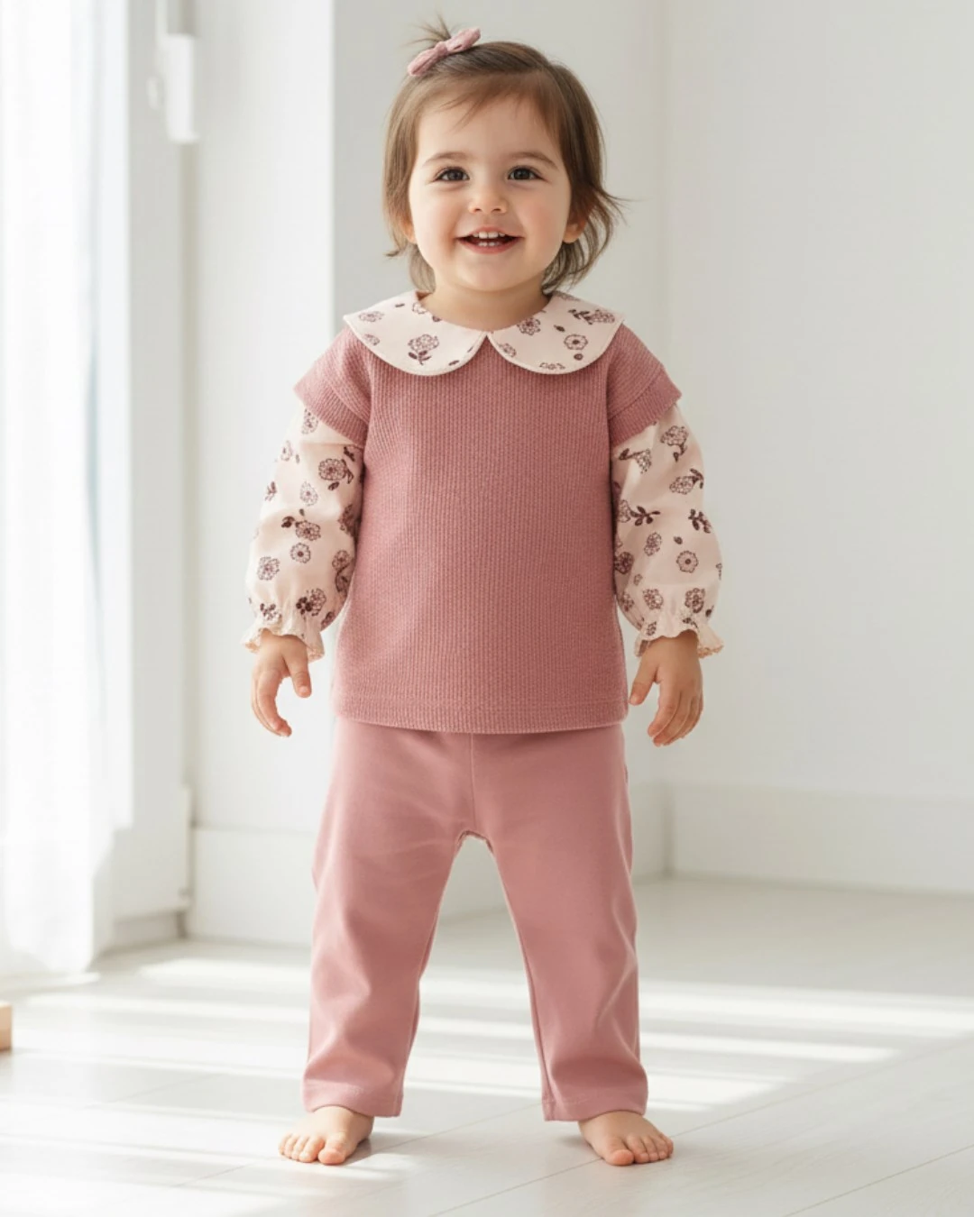 Kız Bebek Özel Tasarım Bebe Yakalı, Örme Triko 6-9-12-18-24 Ay Şık Bebek Takımı R2146 - MERCAN