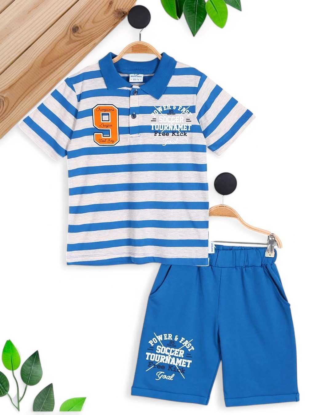 ERKEK ÇOCUK YAZLIK ÇİZGİLİ POLO YAKALI T-SHIRT VE ŞORTLU ŞIK TAKIM R1673 - MAVİ