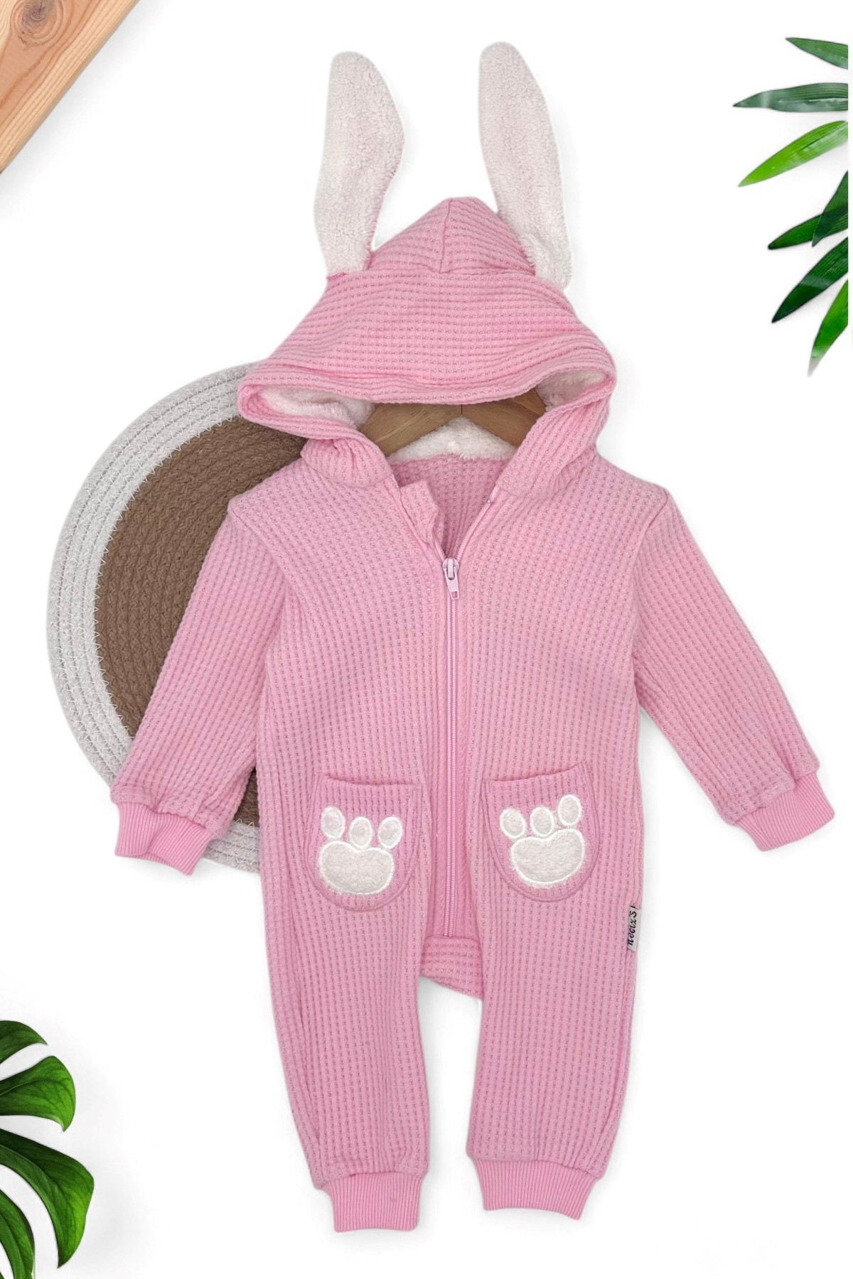 KIZ BEBEK SYDNEY KUMAŞ KULAK DETAYLI ORTA KALINLIKTA FERMUARLI KIŞLIK TULUM 6-9-12-18 AY  R1325 - PEMBE