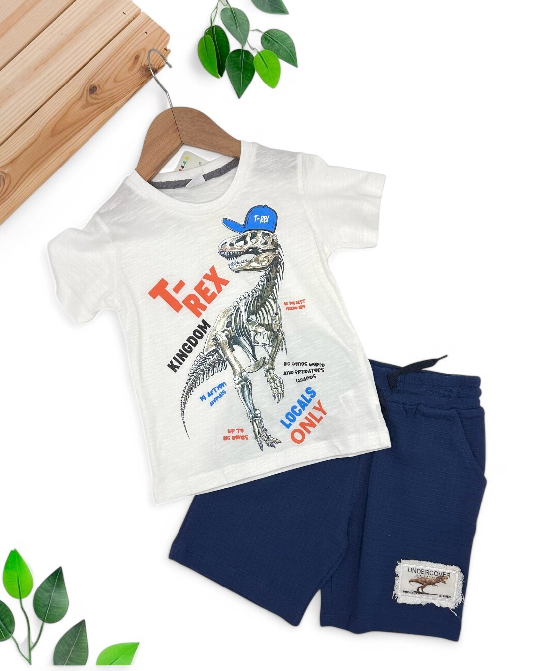 ERKEK ÇOCUK YAZLK T-REX 2-3-4-5-6 YAŞ ŞORTLI ALT ÜST TAKIM R1782 - BEYAZ