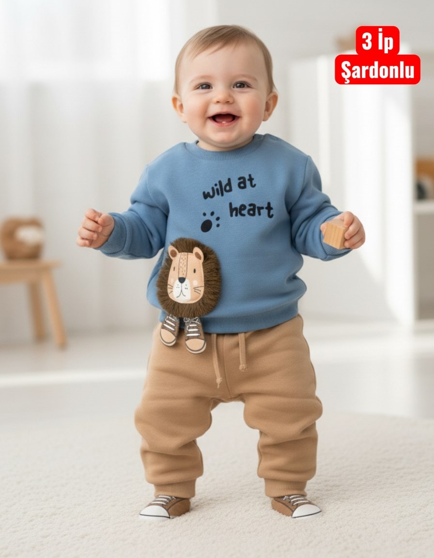 Erkek Bebek Yeleli Aslan Baskılı 6-9-12-18-24 Ay 3 İp Şardonlu Kışlık Alt Üst Takım R2311 - MAVİ