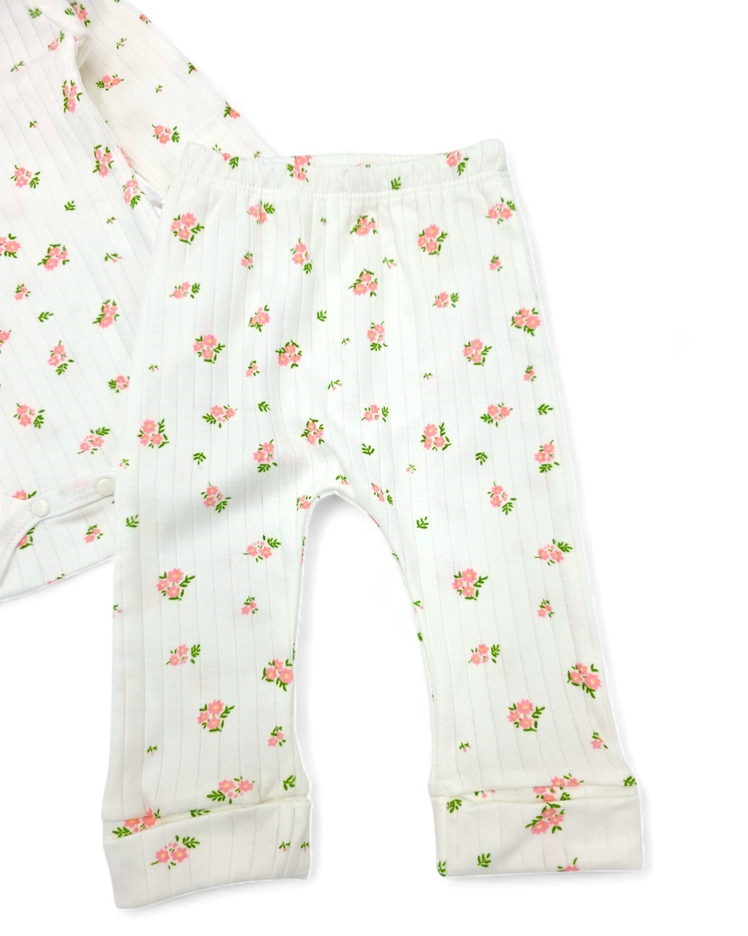 Kız Bebek Yenidoğan Çiçek Desenli Fitilli Çıtçıtlı Badi ve Altlı Natural Pamuk Bebek Takımı 0-9 Ay R825