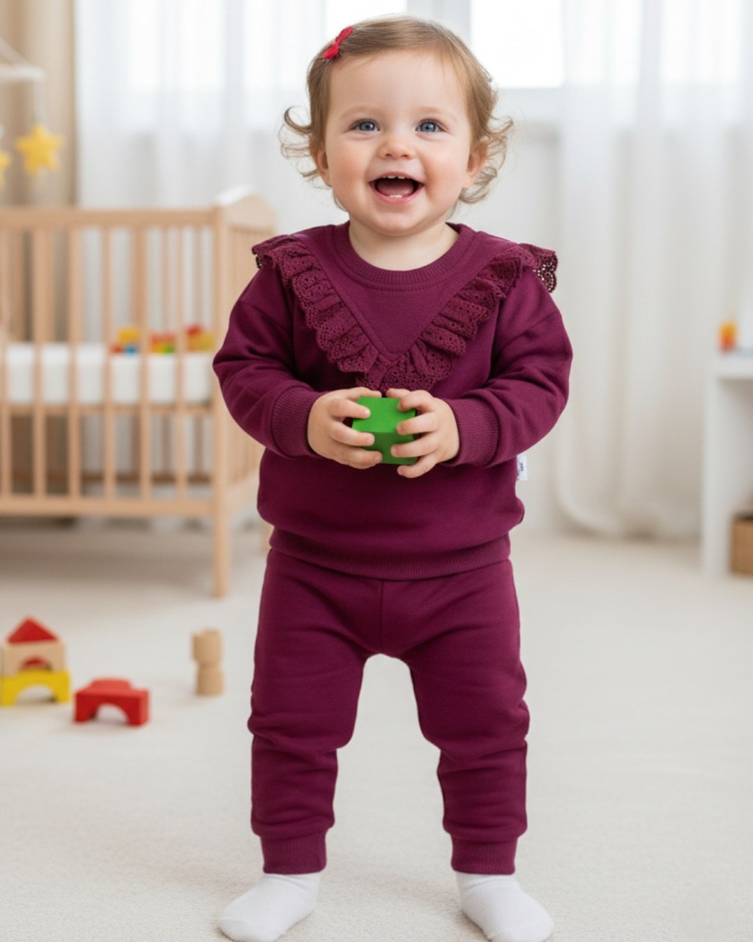 3-18 Ay Dantelli Kız Bebek Takımı | Pamuklu Sweatshirt ve Alt l Şık Kız Bebek Takımı l Mevsimlik R2235 - MÜRDÜM