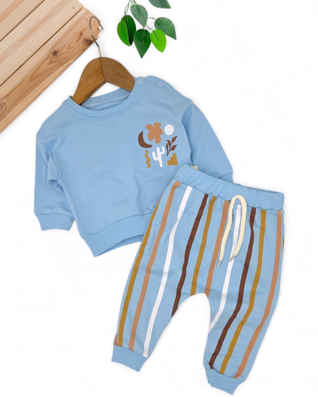 Erkek Bebek Mevsimlil Baskılı Sweatshirt, Çizgili Altlı 6-9-12-18-24 Ay 2'li Alt Üst Takım R2104 - MAVİ