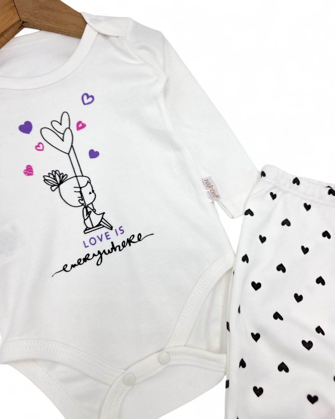 Kız Bebek Yeni doğan Kalp Desenli Çıtçıtlı Badi ve Altlı Natural Pamuk Bebek Takımı 0-9 Ay R851