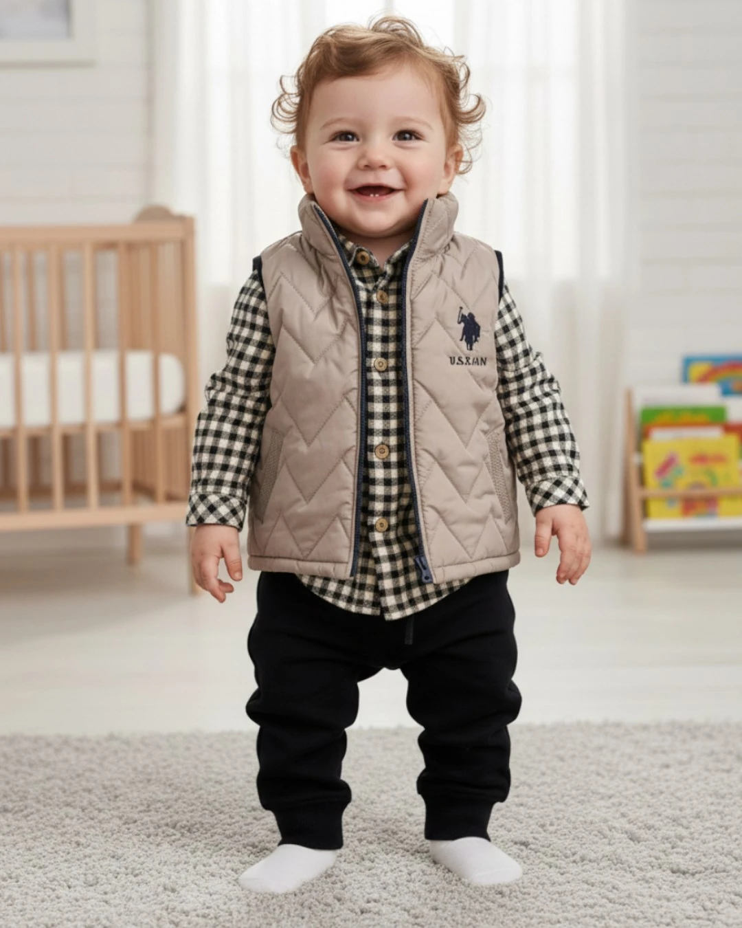 Erkek Bebek Şişme Yelekli, Ekose Gömlekli Bayramlık 3'lü Şık Alt Üst Takım , 6-9-12-18-24 Ay Takım R2405 - BEJ