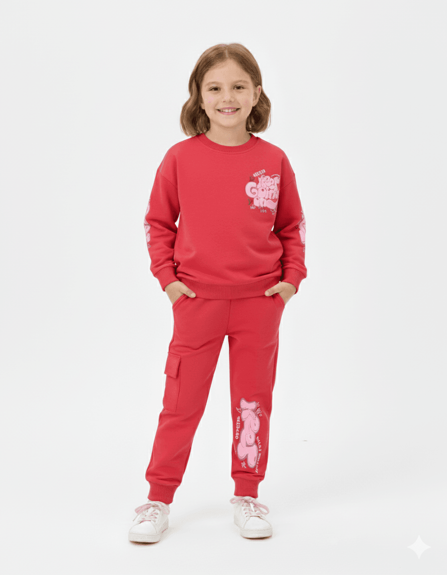 Kız Çocuk Sırtı Baskılı Sweatshirt ve Kargo Cepli Eşofman Altlı 6-7-8-9-10 Yaş Eşofman Takımı  R2143 - NAR ÇİÇEĞİ