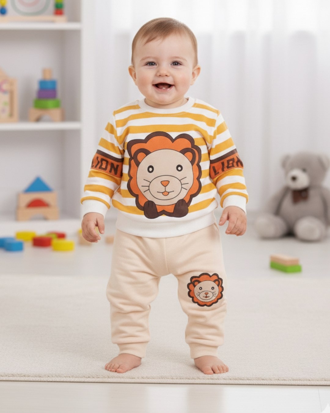     Aslan Desenli Bebek Takımı (3-18 Ay) - Çizgili Uzun Kollu Sweatshirt ve Eşofman Altı R2218 - SARI