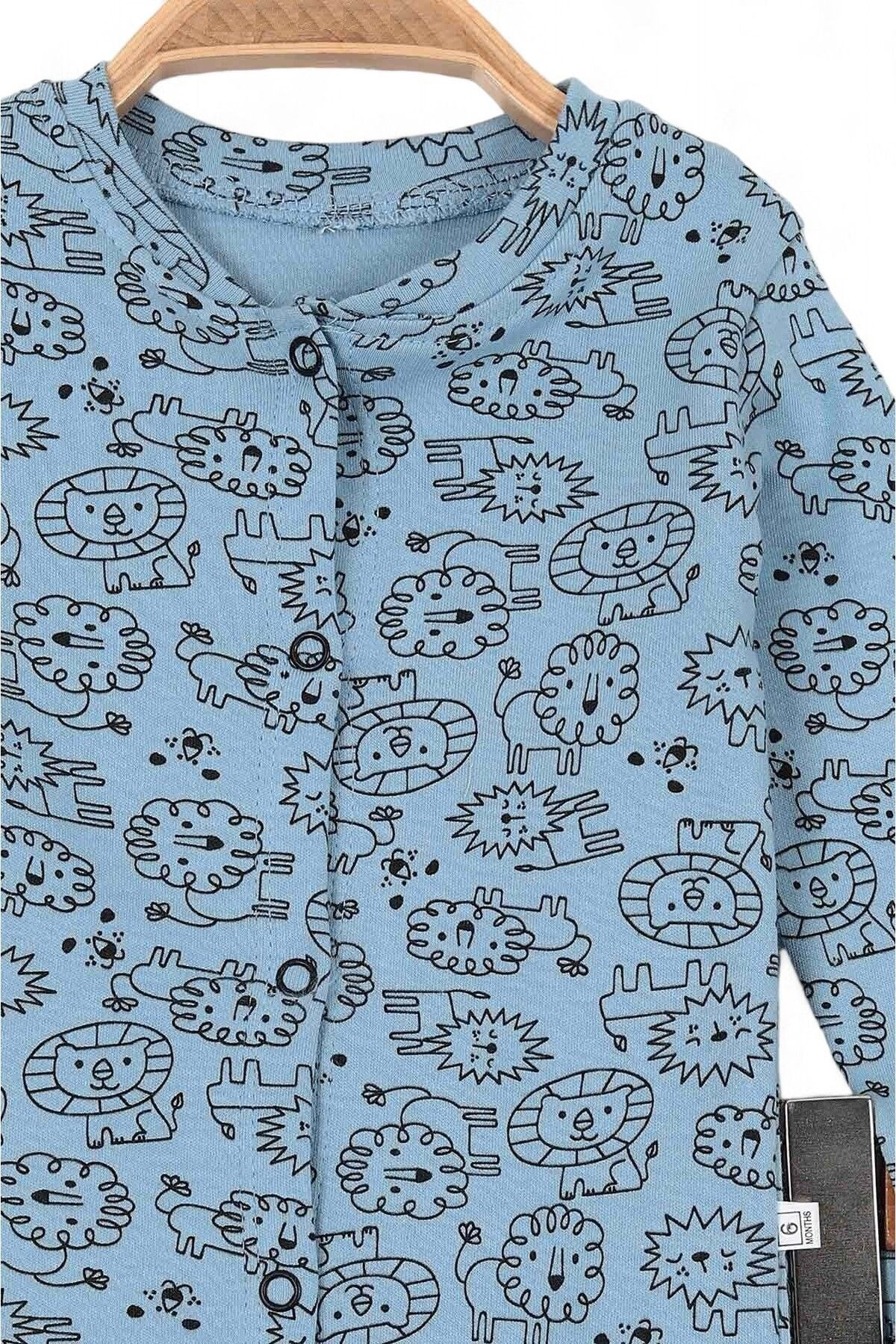 Bebek Aslan Baskılı Çıtçıtlı Gecelik Takımı 3-12 Ay %100 Pamuk,  Uzun Kollu Gecelik Takımı R1053