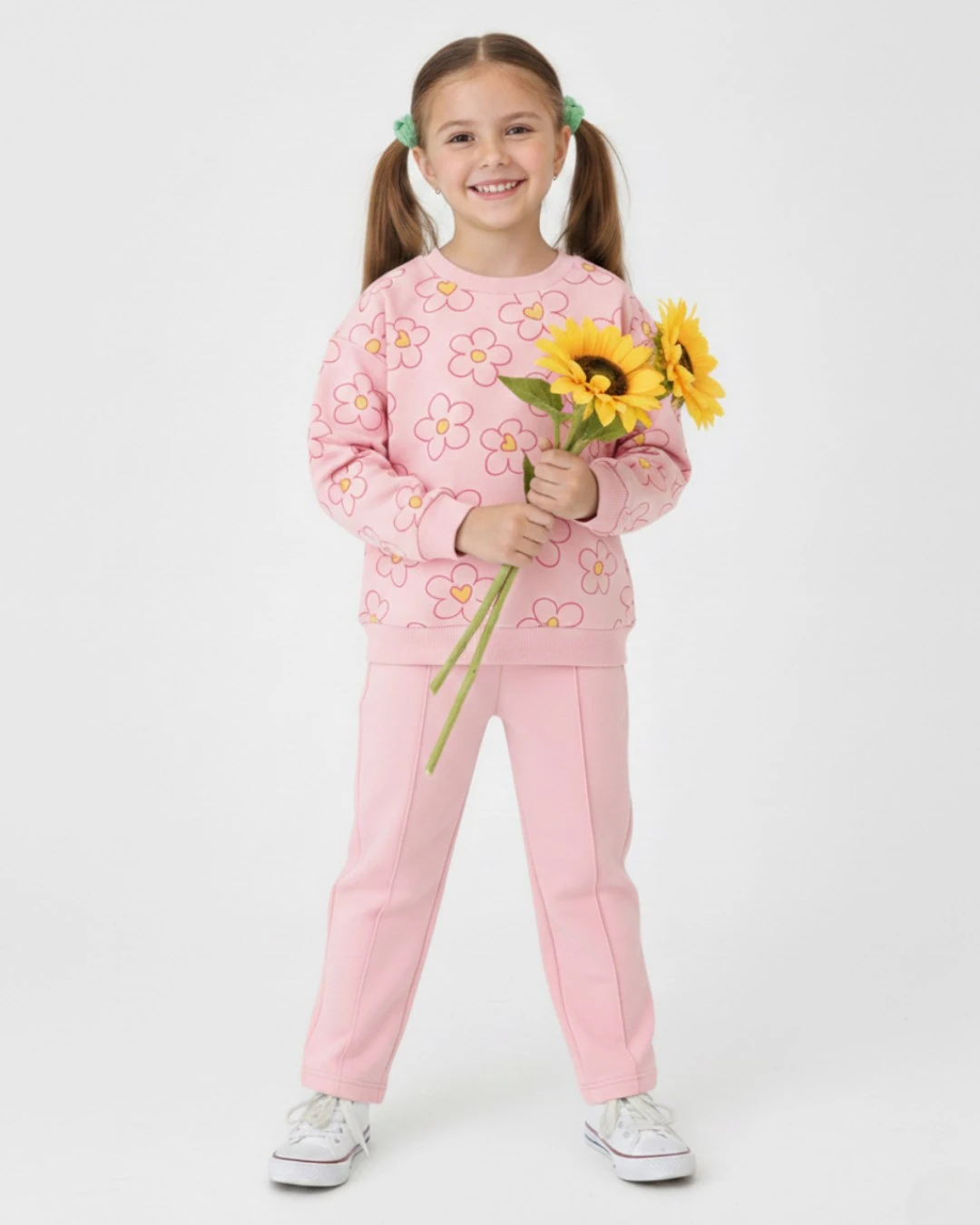 Kız Çocuk Mevsimlik Çiçek Baskılı, Çimalı Pantalonlu 2-10 Yaş Arası Eşofman Takımı R2391
