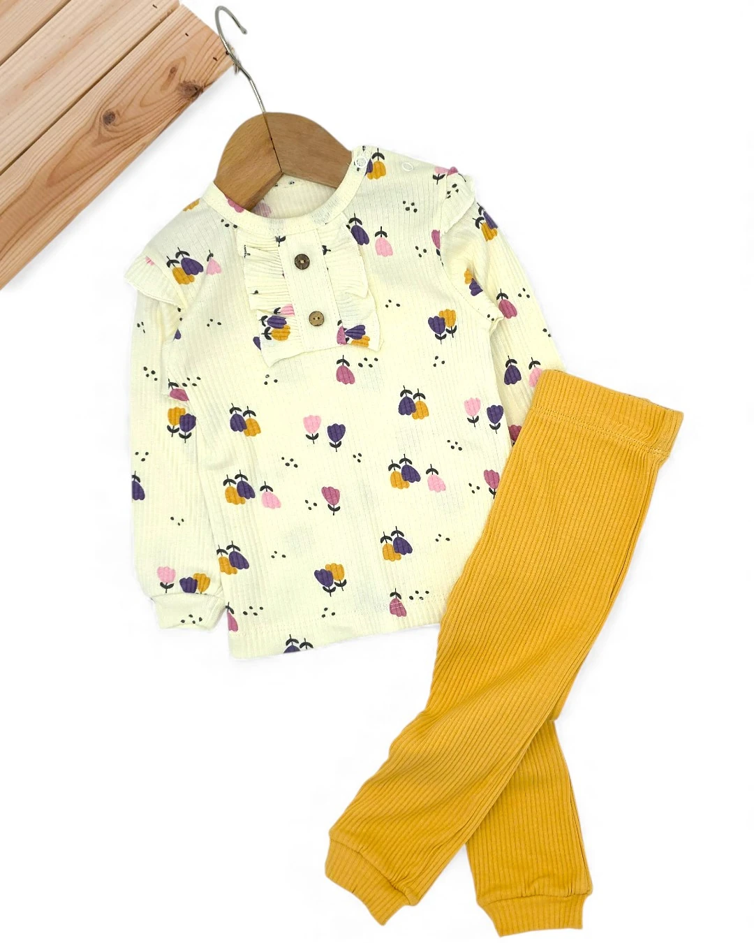 Kız Bebek Lale Baskılı Ribana Kumaş, Fitilli Şık Taytlı Alt Üst Bebek Takımı l 6-24 Ay l Mevsimlik R2381