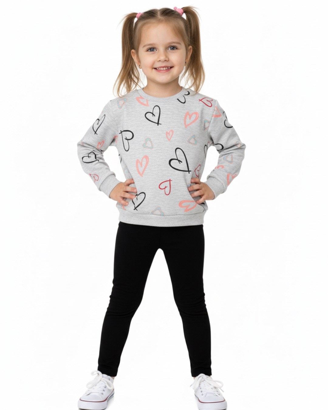 Kız Çocuk Kalp Baskılı Sweatshirtlü ve Taytlı 2-3-4-5-6 Yaş Mevsimlik Takım R2324 - GRİ