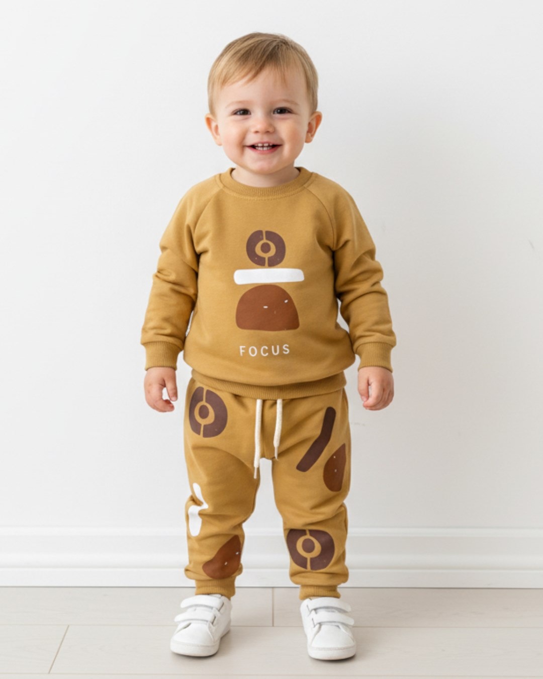 Erkek Bebek Mevsimlik Focus Baskılı Sweatshirt ve Altlı 6-9-12-18-24 Ay Şık Bebek Takımı R2113 - HARDAL