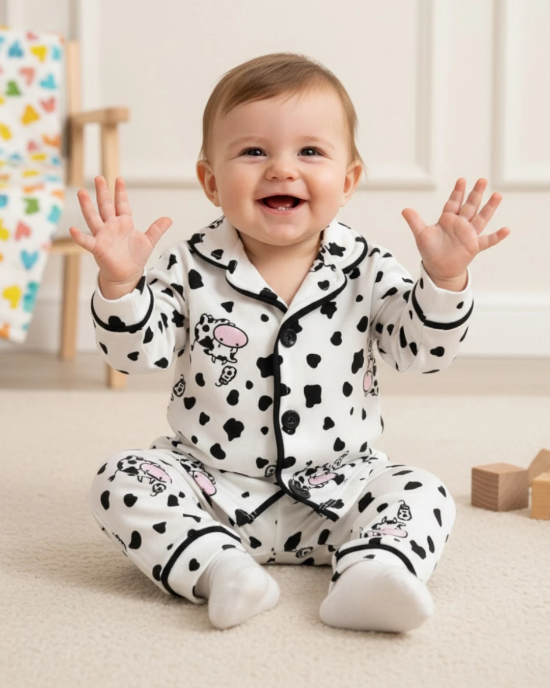 Mevsimlik İnek Baskılı Kruvaze Yakalı 6 Ay - 3 Yaş Gecelik Pijama Takımı R2181