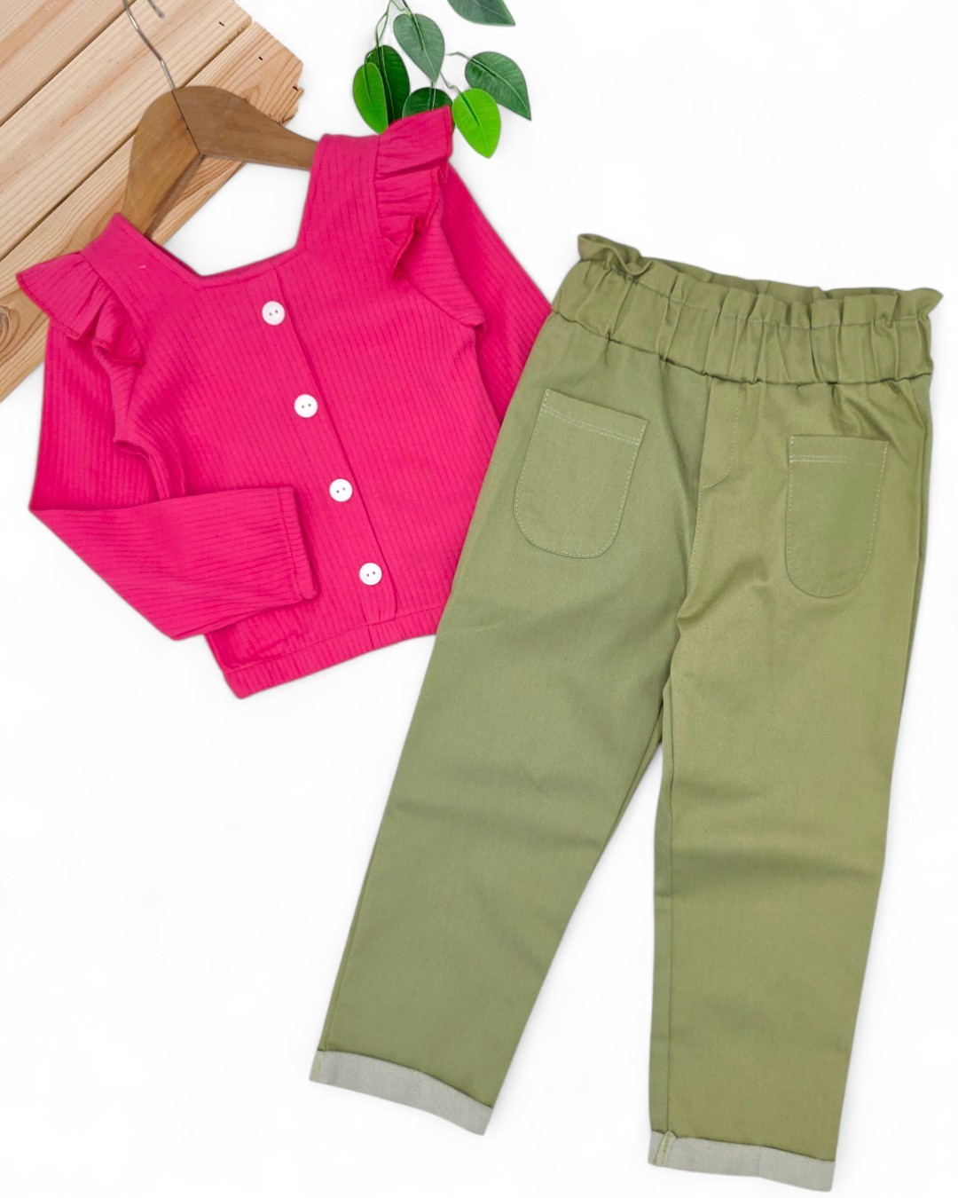 Kız Çocuk 2-3-4-5-6 Yaş Keten Pantalonlu, Fitilli Crop Bluzlu Mevsimlik Alt Üst Takım R981 - FUŞYA