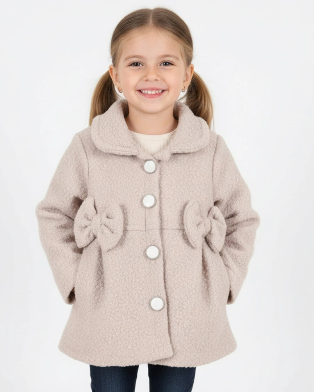 Kız Çocuk Fiyonk Detaylı Düğmeli 2-3-4-5-6-7 Yaş Kaban R2248 - BEJ