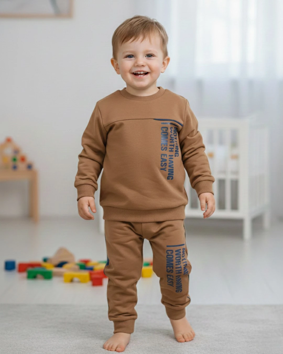 Erkek Çocuk Mevsimlik 2-3-4-5-6 Yaş Baskılı Eşofman Takımı, 2 İplik Alt Üst Takım R2398 - KAHVERENGİ