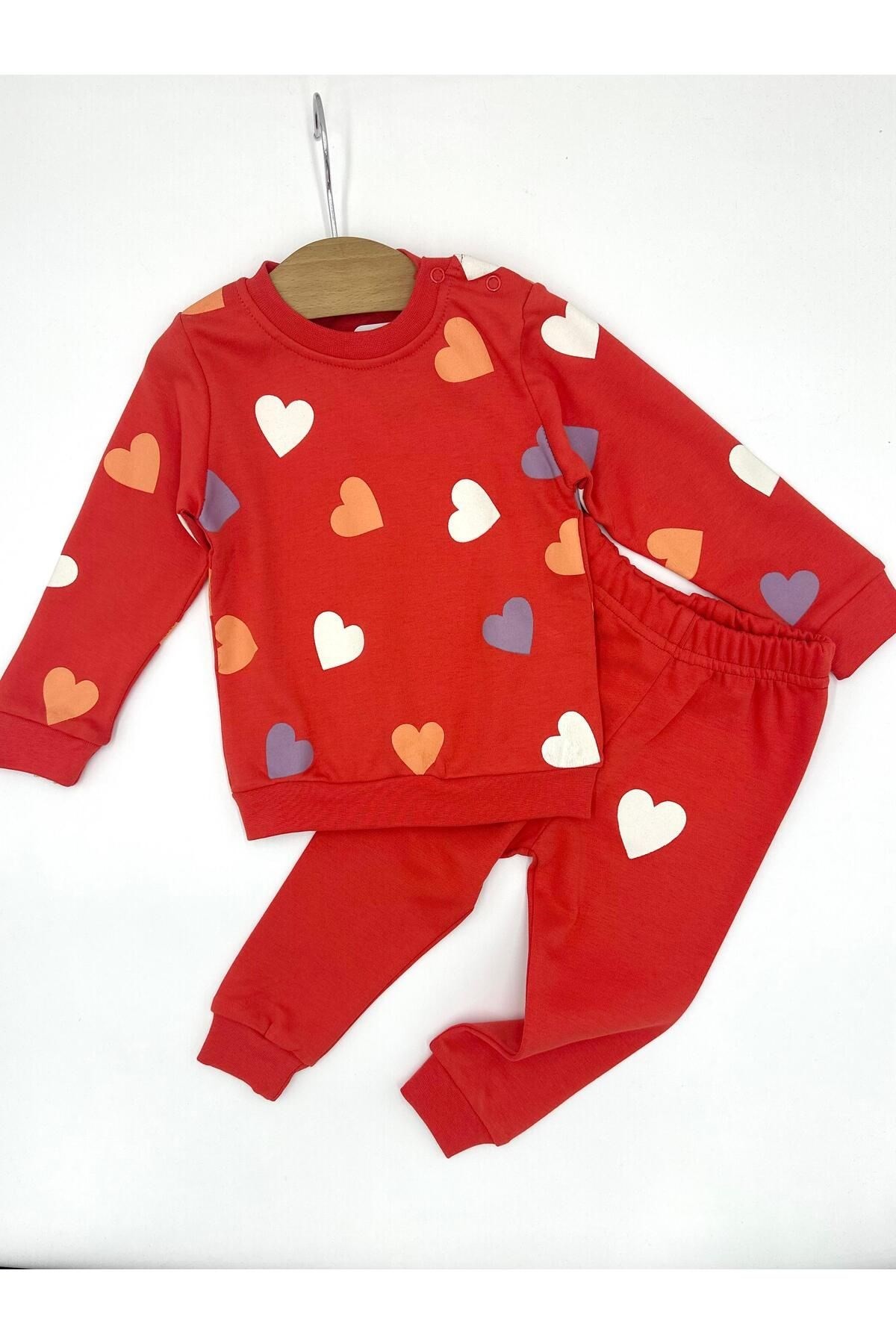 KIZ BEBEK MEVSİMLİK KALP BASKILI BEBEK TAKIMI, UZUN KOLLU , BİSİKLET YAKA MEVSİMLİK 6-24 AY R963 - KIRMIZI