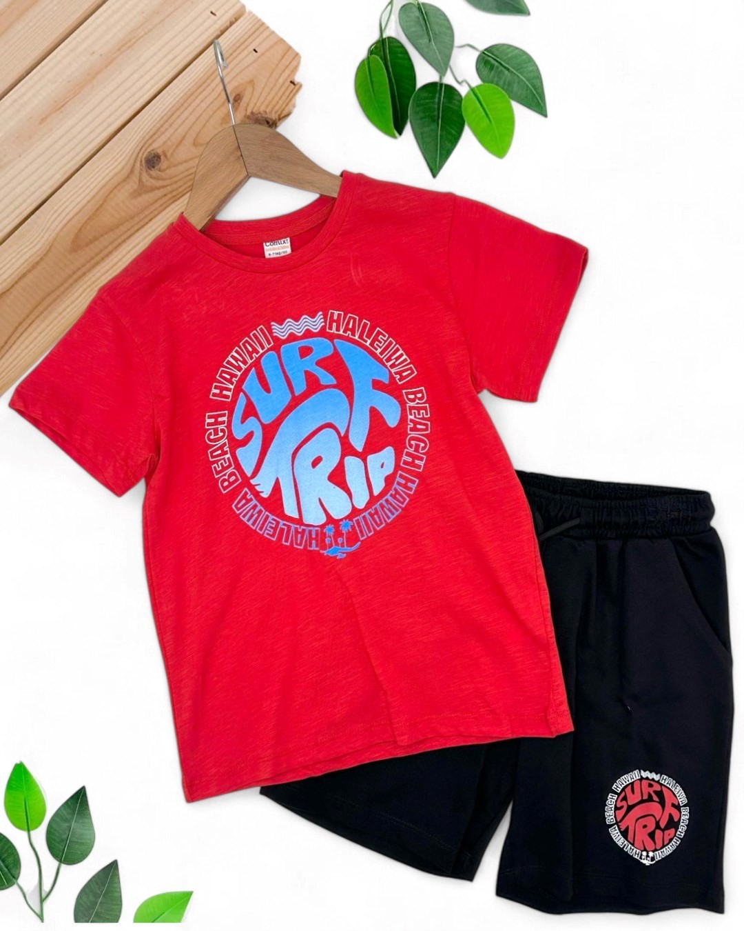 ERKEK ÇOCUK YAZLIK SURF BASKILI 6-7-8-9-10 YAŞ KIRMIZI ALT ÜST ŞORTLI TAKIM OT7