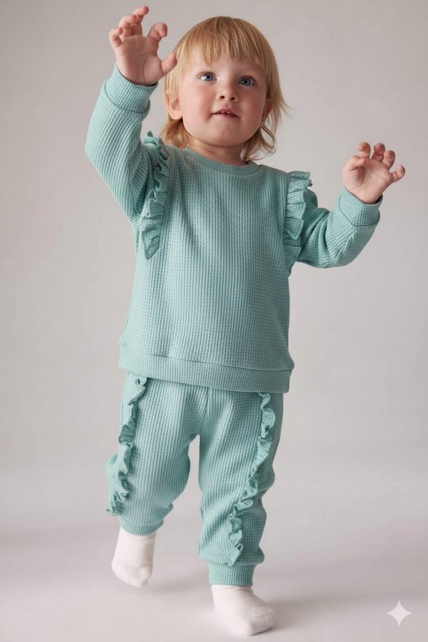 Kız Bebek Fırfılı Waffle Kumaş, Uzun Kollu, Kışlık 6-9-12-18-24 Ay Şık Kız Bebek Takımı R1108 - YEŞİL