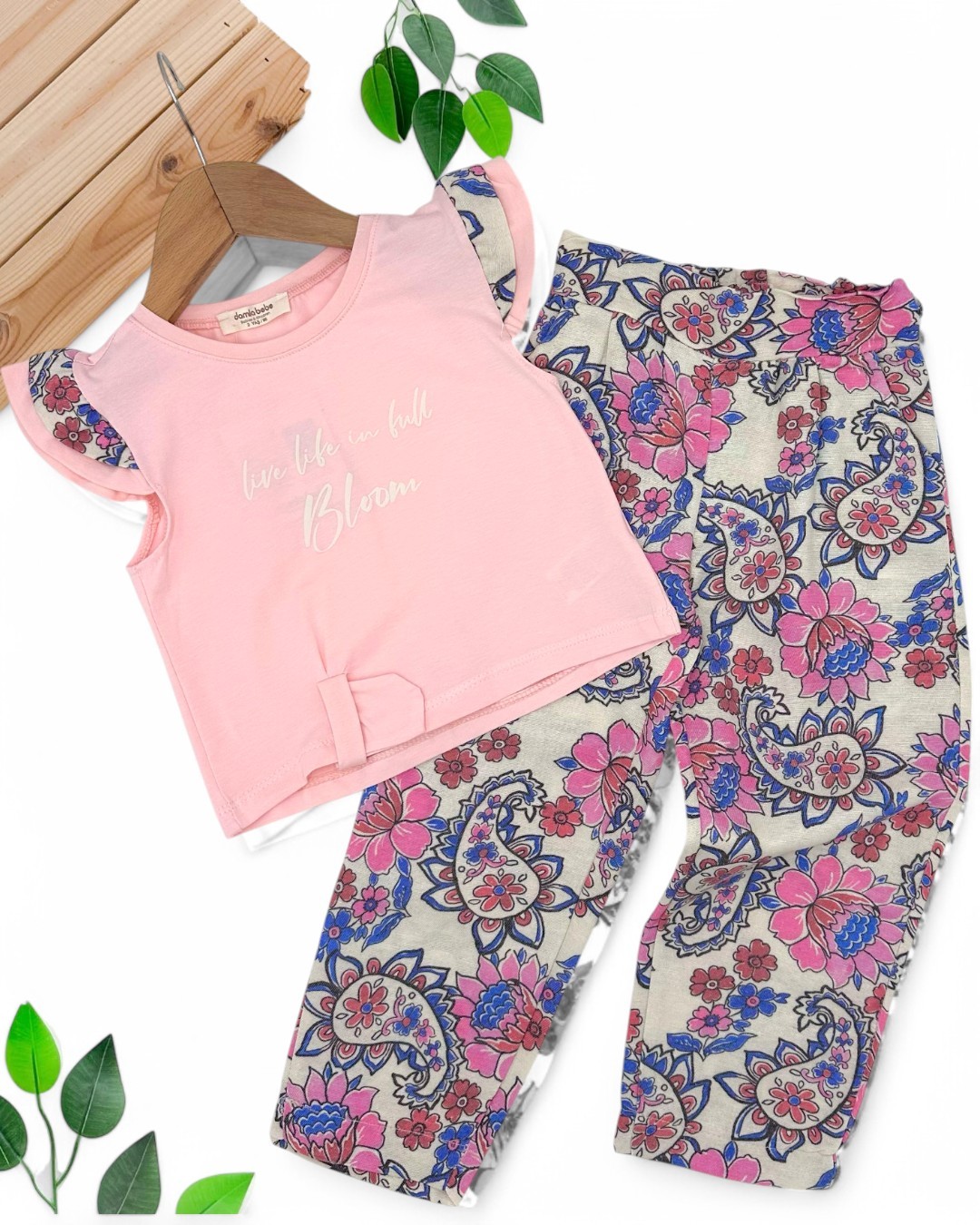 KIZ ÇOCUK ETNİK DESEN KETEN PANTALONLU YAZLIK 2-3-4-5-6 YAŞ ALT ÜST TAKIM R1713 - PEMBE