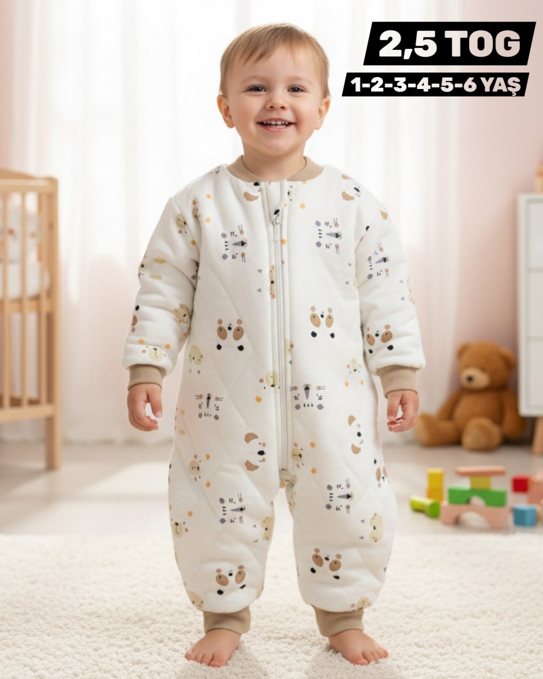 1-6 Yaş Ayıcık Desenli Fermuarlı Çocuk Uyku Tulumu, 2,5 TOG Elyaf Dolgulu R2268