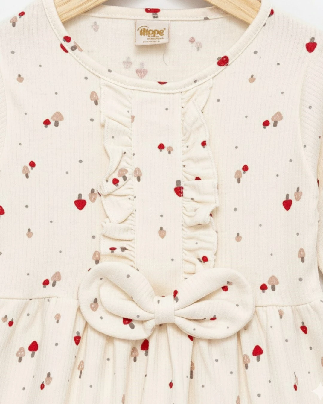 Kız Çocuk Ekru Mantar Desenli Fırfırlı Elbise, Mevsimlik 2-3-4-5-6 Yaş Elbise | Pamuklu & Rahat l R2