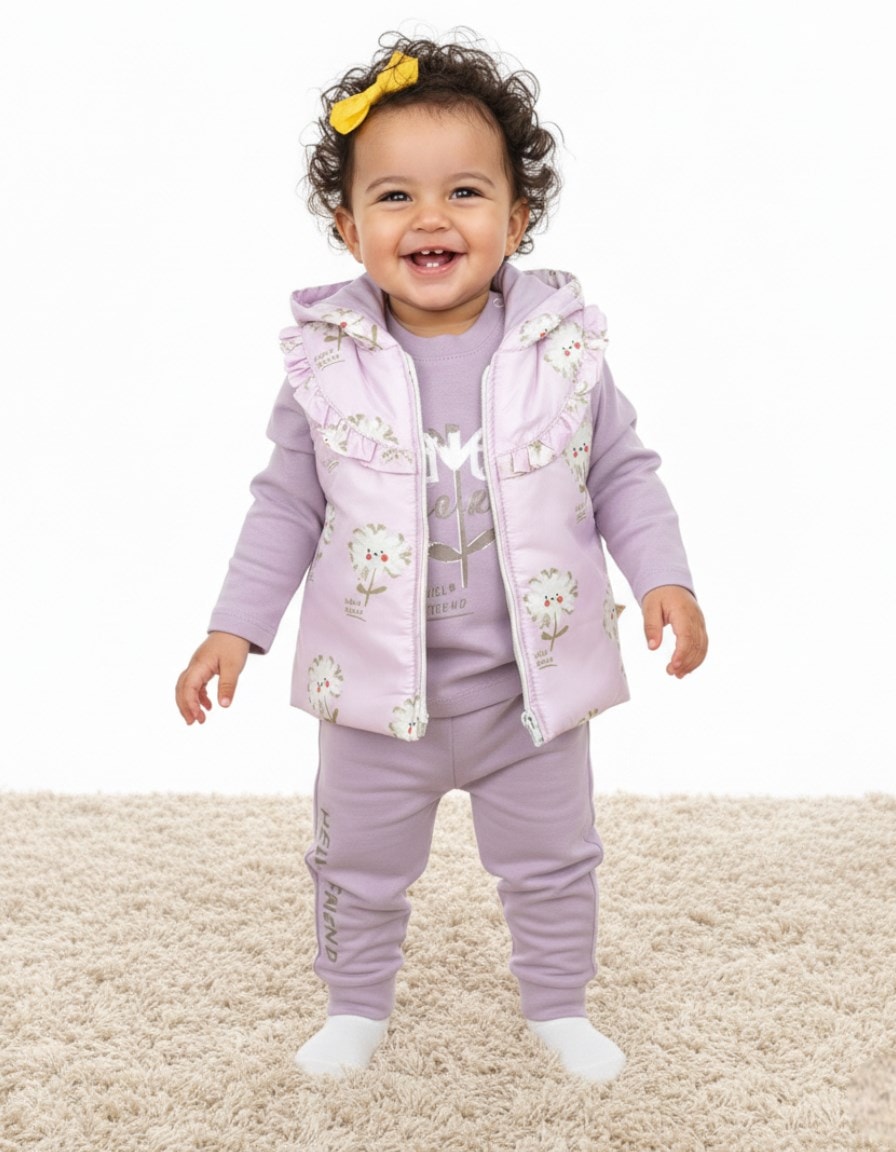 Kız Bebek Mevsimlik Şişme Yelekli, 3 Parça Alt Üst Takım , 6-9-12-18 Ay Yelekli Takım R2312 - LİLA