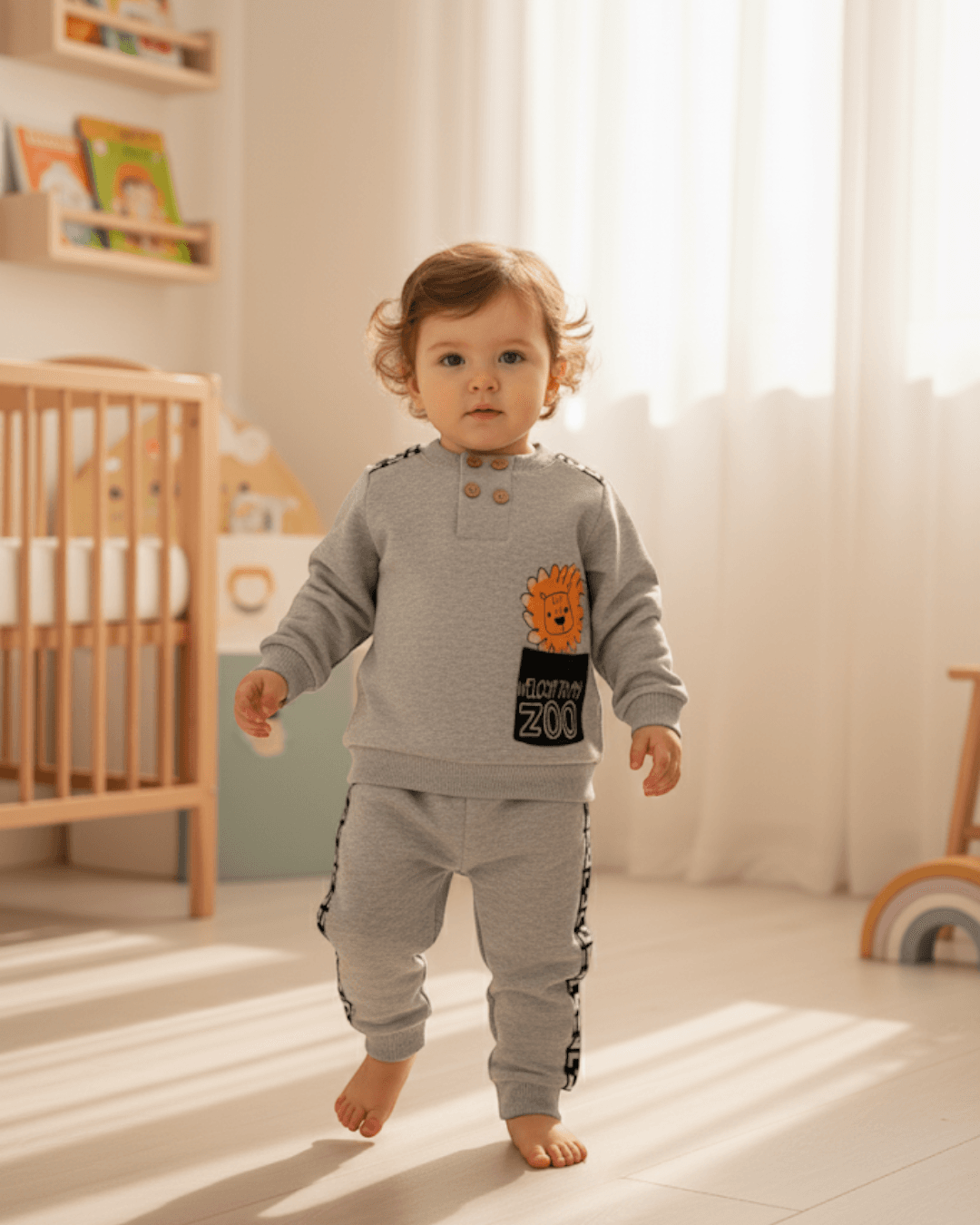 Mevsimlik Erkek Bebek Takımı 6-24 Ay, Ahşap Düğmeli , Bisiklet Yakalı, Zoo Baskılı, Uzun Kollu Takım R994 - GRİ