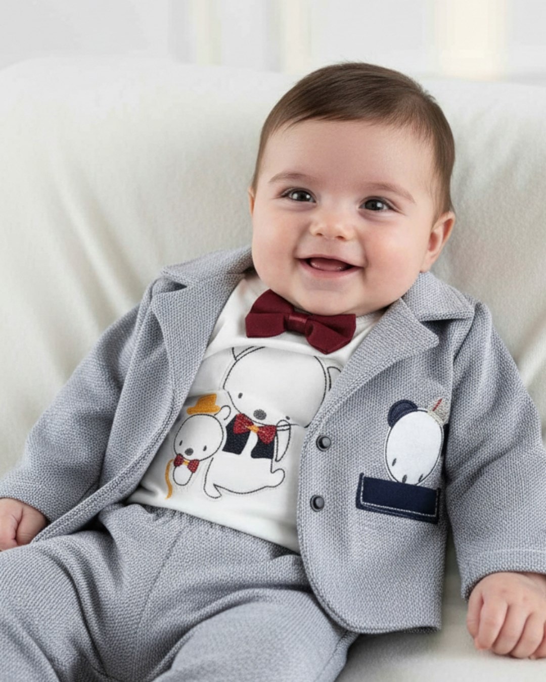 Erkek Yenidoğan  Bebek Papyonlu Yılbaşı Yumuşak Kumaş Alt 3 Parça Üst Takım 0-3 / 3-6 Ay Bayramlık R333