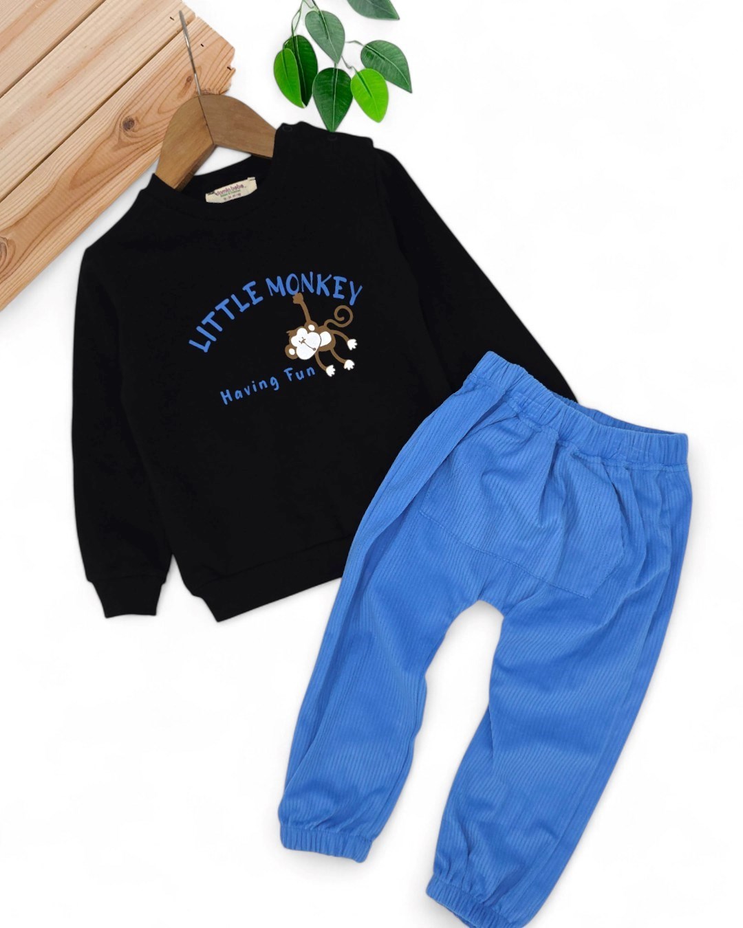 Erkek Bebek Kadife Pantalonlu, Hafif Şardonlu 2 İplik Sweathirt, 3-6-9-12-18-24 Ay 2'li Şık Takım R2135 - SİYAH