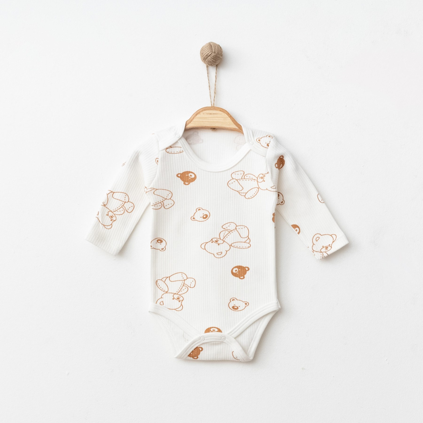 UZUN KOLLU FİTİLLİ AYI BASKILI BEBEK ÇITÇITLI BODY, ZIBIN, ATLET 0-3 YAŞ R1440 - EKRU