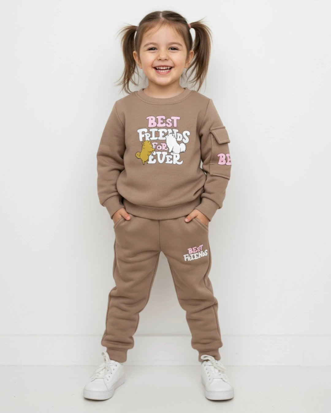Kız Çocuk Kışlık 2-3-4-5-6 Yaş 3 İp Şardonlu Baskılı Cep Detaylı Eşofman Takımı  R2290 - BEJ