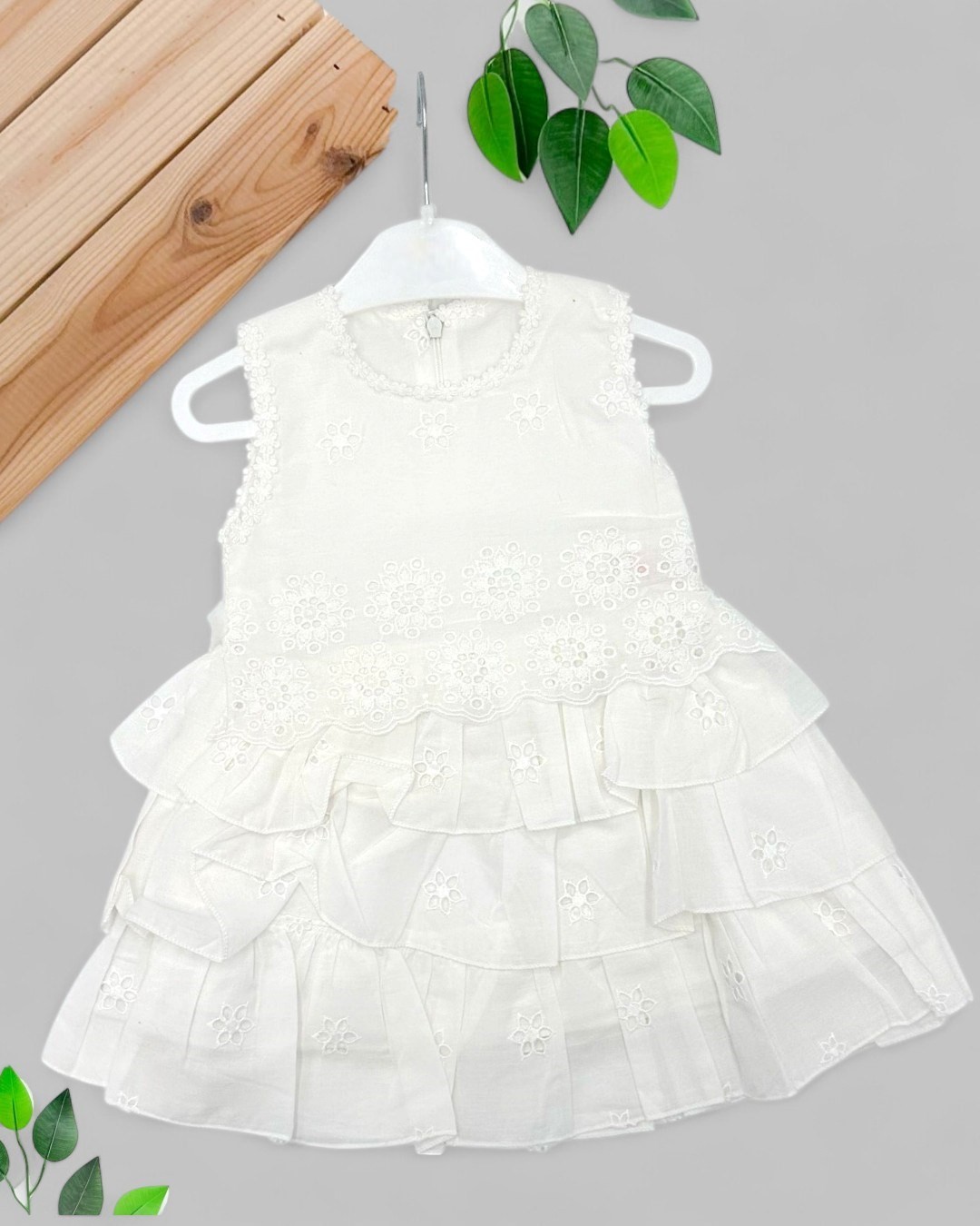 KIZ BEBEK FİSTO DETAYLI ASTARLI YAZLIK BEYAZ ELBİSE R1845