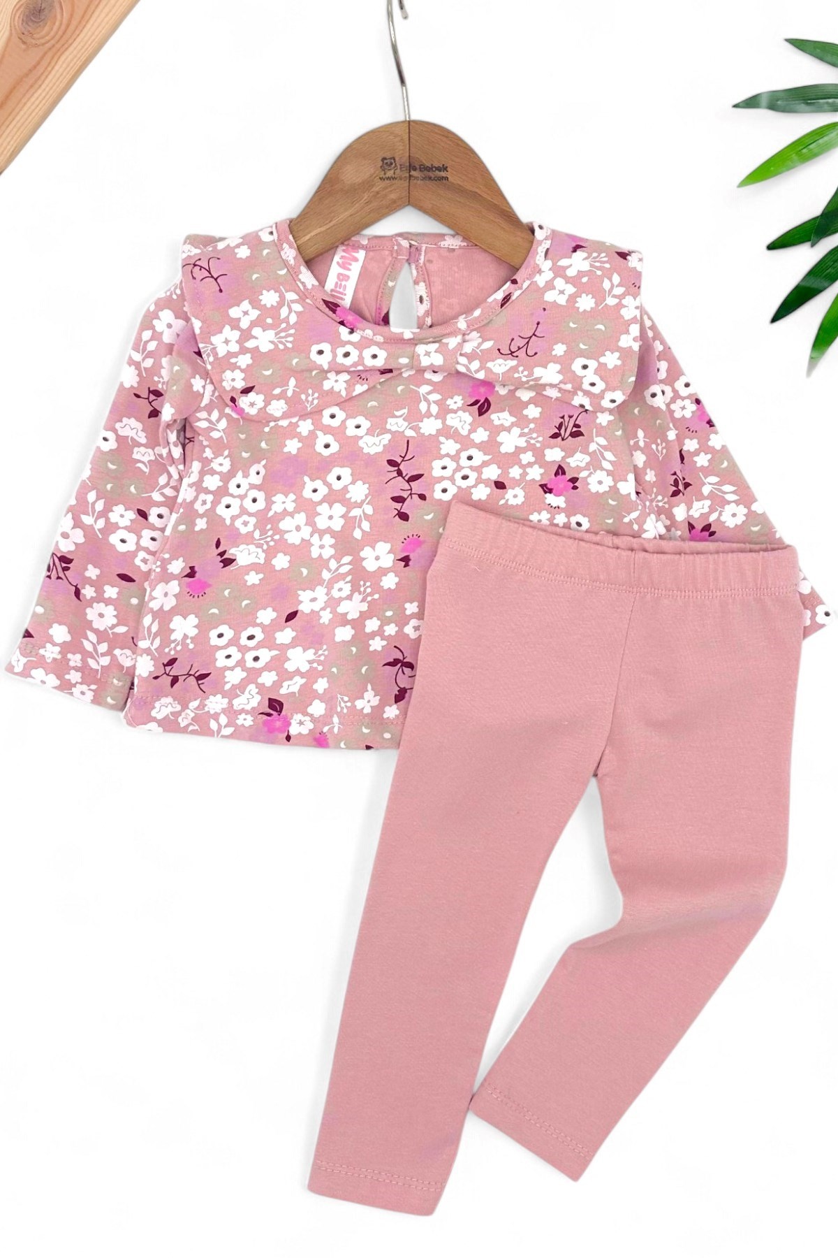KIZ BEBEK ÇİÇEK BASKILI YAKALI MEVSİMLK ALT ÜST 3-6-9-12-18 AY BEBEK TAKIMI R1496 - PUDRA