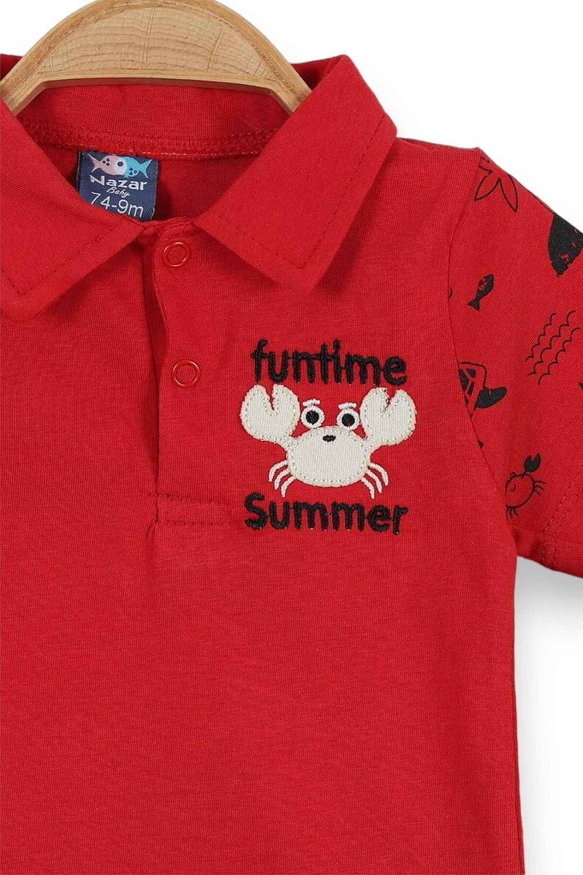 ERKEK BEBEK YAZLIK POLO YAKALI YENGEÇ NAKIŞLI DOKUMA ŞORTLU 6-24 BEBEK TAKIMI R902